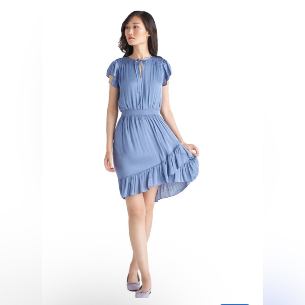 Banana Republic Silky Dress Assymetrical Ruffle Trim Blue Knee Length Size 4